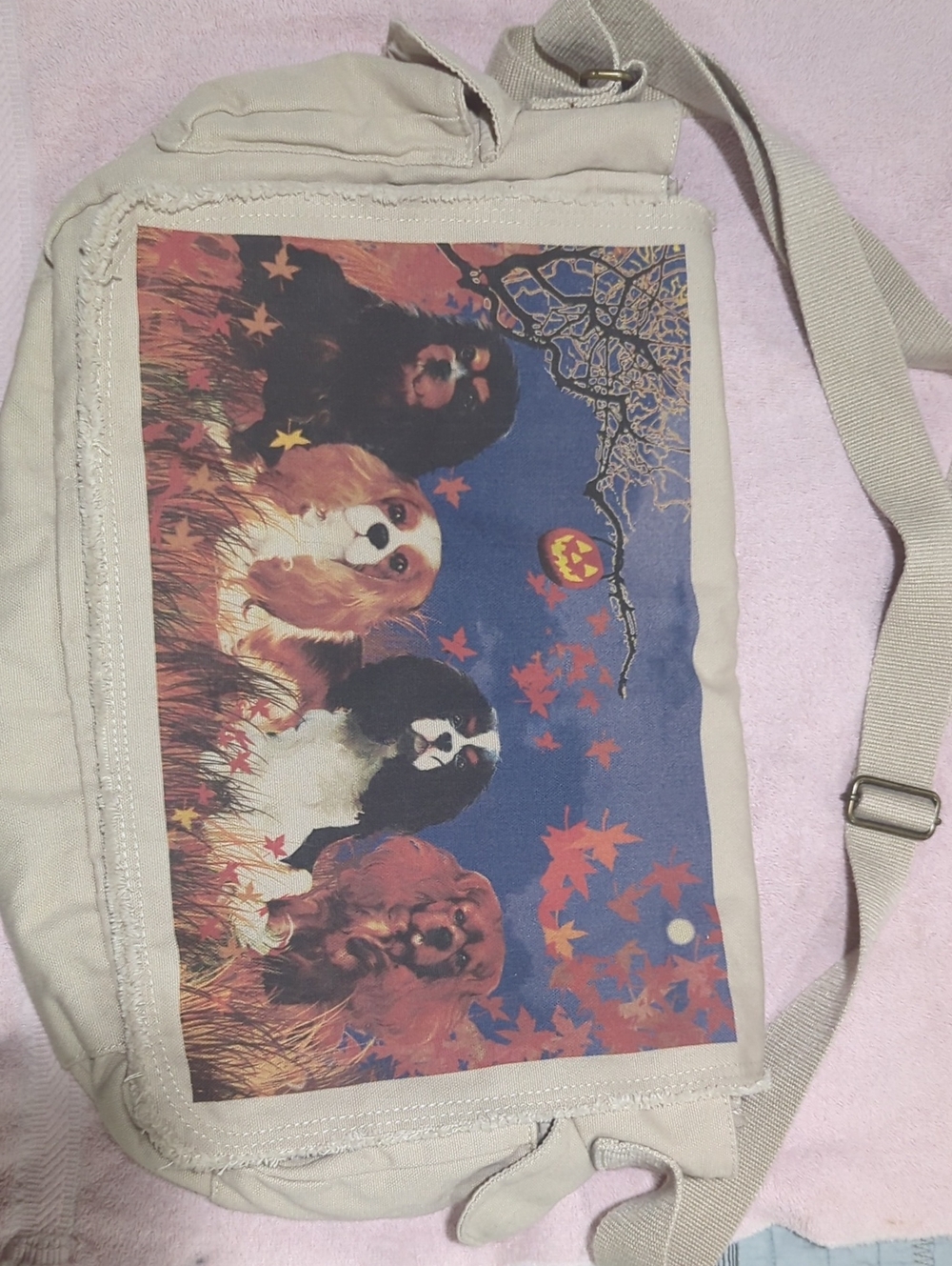 Authentic Pigment Beige Canvas Crossbody Bag with Cute Dog Print